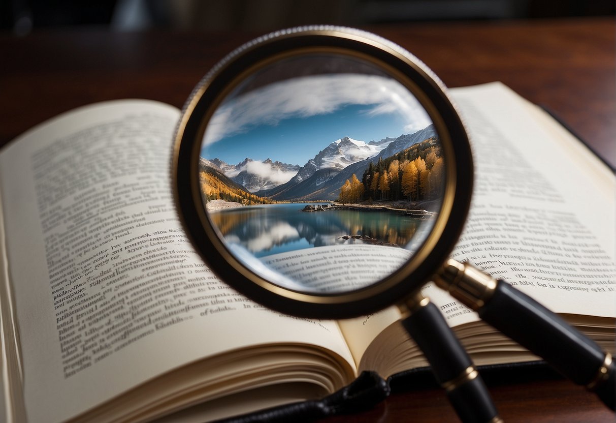 The book is open on a table, with a magnifying glass resting on top, highlighting the publisher's information on the title page