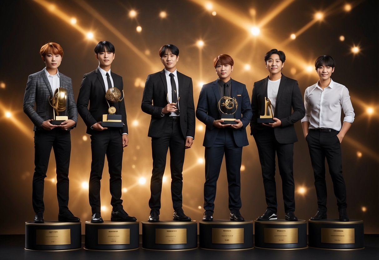 A group of seven achievement-focused individuals, representing BTS, stand confidently with their various accolades and successes displayed around them